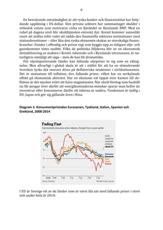 8
En besvärande omständighet är att ryska banker och finansinstitut har bety-
dande upplåning i US-dollar. Den privata sektorn har sammantaget skulder i
utländsk valuta som motsvarar cirka en fjärdedel av Rysslands BNP. Med en
rubel på dagens nivå blir skuldtjänsten extremt dyr. Kreml kommer sannolikt
snart att ställas inför valet att rädda den finansiella sektorns institutioner med
statssubventioner – eller låta den ryska ekonomin skakas av storskaliga finans-
krascher. Fonder i offentlig och privat regi som byggts upp av tidigare olje- och
gasinkomster töms snabbt. Vilka de politiska följderna blir av en ekonomisk
destabilisering av makten i Kreml, inhemskt och i Rysslands intressezon, är na-
turligtvis omöjligt att säga – men de kan bli dramatiska.
För oljeimporterande länder kan fallande oljepriser te sig som en välsig-
nelse. Men allvarligt i global skala är att i stället för att ha en stimulerande
inverkan tycks det snarare driva på deflatoriska tendenser i världsekonomin.
Det är motsatsen till inflation, dvs. fallande priser, vilket har en nerkylande
effekt på ekonomisk aktivitet. Har en ekonomi väl tippat över kanten till de-
flation är det mycket svårt att häva stagnationen. När såväl företag som hushåll
nu får pengar över därför att energikostnaderna minskar sparar man hellre än
investerar eller konsumerar därför att tiderna är osäkra. Tendensen är tydlig i
EU, Japan och gör sig gällande även i Kina.
Diagram 3. Konsumentprisindex Eurozonen, Tyskland, Italien, Spanien och
Grekland, 2008-2014
I EU är Sverige ett av de länder som är värst illa ute med fallande priser i stort
sett under hela år 2014:
 