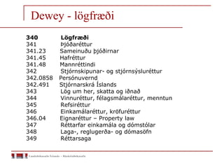 Dewey - lögfræði
340 Lögfræði
341 Þjóðaréttur
341.23 Sameinuðu þjóðirnar
341.45 Hafréttur
341.48 Mannréttindi
342 Stjórnskipunar- og stjórnsýsluréttur
342.0858 Persónuvernd
342.491 Stjórnarskrá Íslands
343 Lög um her, skatta og iðnað
344 Vinnuréttur, félagsmálaréttur, menntun
345 Refsiréttur
346 Einkamálaréttur, kröfuréttur
346.04 Eignaréttur – Property law
347 Réttarfar einkamála og dómstólar
348 Laga-, reglugerða- og dómasöfn
349 Réttarsaga
 