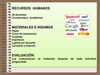 RECURSOS HUMANOS
28 docentes
Coordinadora Académico
MATERIALES E INSUMOS
Hojas
Toner de impresoras
Carpetas
Impresora
Laptop por docente
Conexión a Internet
EVALUACIÓN:
Las evaluaciones se realizarán después de cada actividad
programada
 