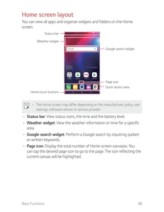 Basic Functions 30
Home screen layout
You can view all apps and organize widgets and folders on the Home
screen.
Quick access area
Home touch buttons
Status bar
Weather widget
Page icon
Google search widget
The Home screen may differ depending on the manufacturer policy, user
settings, software version or service provider.
Status bar: View status icons, the time and the battery level.
Weather widget: View the weather information or time for a specific
area.
Google search widget: Perform a Google search by inputting spoken
or written keywords.
Page icon: Display the total number of Home screen canvases. You
can tap the desired page icon to go to the page. The icon reflecting the
current canvas will be highlighted.
 