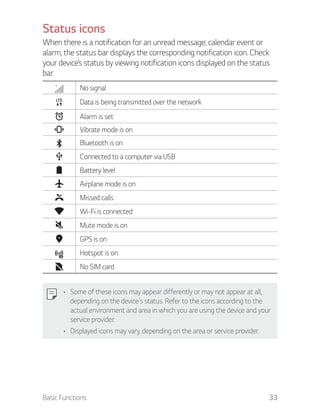 Basic Functions 33
Status icons
When there is a notification for an unread message, calendar event or
alarm, the status bar displays the corresponding notification icon. Check
your device’s status by viewing notification icons displayed on the status
bar.
No signal
Data is being transmitted over the network
Alarm is set
Vibrate mode is on
Bluetooth is on
Connected to a computer via USB
Battery level
Airplane mode is on
Missed calls
Wi-Fi is connected
Mute mode is on
GPS is on
Hotspot is on
No SIM card
Some of these icons may appear differently or may not appear at all,
depending on the device's status. Refer to the icons according to the
actual environment and area in which you are using the device and your
service provider.
Displayed icons may vary, depending on the area or service provider.
 