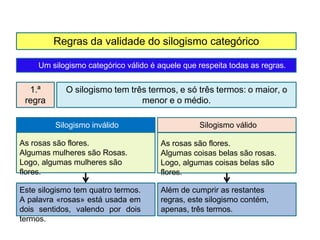 Regras da validade do silogismo categórico
O silogismo tem três termos, e só três termos: o maior, o
menor e o médio.
As r...