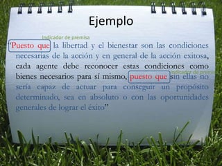 Ejemplo Indicador de premisa“Puesto que la libertad y el bienestar son las condiciones necesarias de la acción y en general de la acción exitosa, cada agente debe reconocer estas condiciones como bienes necesarios para sí mismo, puesto que sin ellas no sería capaz de actuar para conseguir un propósito determinado, sea en absoluto o con las oportunidades generales de lograr el éxito” Indicador de premisa