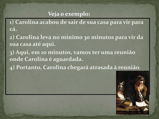 Veja o exemplo:
1) Carolina acabou de sair de sua casa para vir para
cá.
2) Carolina leva no mínimo 30 minutos para vir da
sua casa até aqui.
3) Aqui, em 10 minutos, vamos ter uma reunião
onde Carolina é aguardada.
4) Portanto, Carolina chegará atrasada à reunião.
 