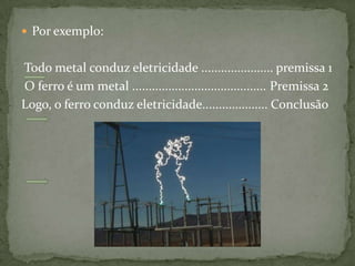  Por exemplo:


Todo metal conduz eletricidade ...................... premissa 1
O ferro é um metal ......................................... Premissa 2
Logo, o ferro conduz eletricidade.................... Conclusão
 