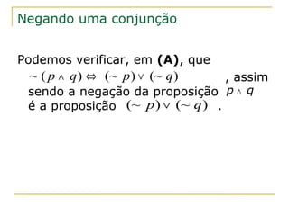Negando uma conjunção


Podemos verificar, em (A), que
  ~ ( p ∧ q ) ⇔ (~ p ) ∨ (~ q )   , assim
 sendo a negação da proposição p ∧ q
 é a proposição (~ p ) ∨ (~ q ) .
 
