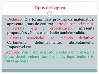 Tipos de Lógica
 Dedução: É a forma mais próxima da matemática;
apresenta graus de certeza; parte de conhecimentos
universais para a especificação; apresenta
proposições válidas e conclusão também válida.
- Palavras associadas ao método dedutivo:
Certamente, definitivamente, absolutamente,
Impossível etc.
Exemplo: Vou a um mercado e coloco uma maçã na
bolsa, depois coloco duas bananas, logo, tenho três
frutas na bolsa.
 