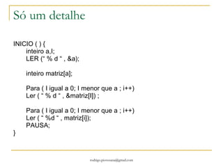 Exercício 1.  Mas que diabos este programa esta fazendo? #include<stdio.h> main(){ int exemplo [10], i, media; printf("\nInforme os números X[i] a medida que forem solicitados:\n\n"); for(i=0; i<10; i++){ printf("X[%d]? ",i); scanf("%d", &exemplo[i]) ; } media=0; for (i=0; i<10; i++) { media = media+exemplo[i]; } printf("A media é %f\n",(float)media/10); } 