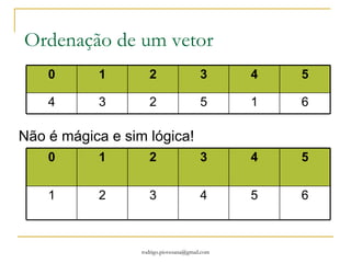 “ Perdeu Playboy! Tem mais exercício !” 1. Dada uma seqüência de números, imprimir a ordem inversa da leitura.  2. Escrever um algorítmo que declare um vetor de reais e leia as notas de 20 alunos. 3. Altere o algoritmo para calcular a média. 4. Escrever um algorítmo que calcule e escreva o somatório dos valores armazenados numa variável composta unidimensional A de 100 elementos numéricos 5. Escrever um algorítmo que leia um vetor de 30 elementos numéricos e verifique se existem valores iguais a 24, se existirem escrever quantas vezes aparecem e quais as posições em que estão armazenados. Obs: Desenvolver somente o algorítmo! NO PAPEL MANO! Obs2: Nada de C por enquanto! 