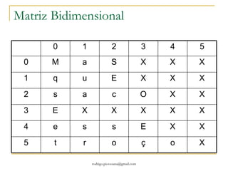 Exercício 4 INICIO ( ) { inteiro A[100] , soma , i; PARA ( I igual a ; I menor que 100; i++){ A[i] = 1+A[i]; } soma=0; PARA ( I igual a ; I menor que 100; i++){ soma = soma + A[i]; } ESCREVER ( “ %d “ , soma); PAUSA } 