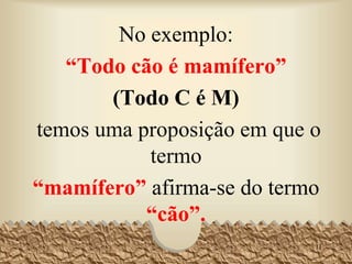 No exemplo:
“Todo cão é mamífero”
(Todo C é M)
temos uma proposição em que o
termo
“mamífero” afirma-se do termo
“cão”.
11
 