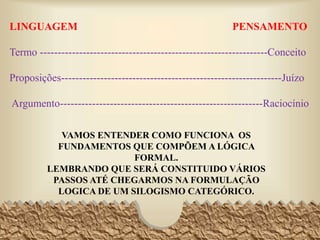 LINGUAGEM PENSAMENTO
Termo ----------------------------------------------------------------Conceito
Proposições--------------------------------------------------------------Juízo
Argumento---------------------------------------------------------Raciocínio
VAMOS ENTENDER COMO FUNCIONA OS FUNDAMENTOS
QUE COMPÕEM A LÓGICA FORMAL.
LEMBRANDO QUE SERÁ CONSTITUIDO VÁRIOS PASSOS
ATÉ CHEGARMOS NA FORMULAÇÃO LOGICA DE UM
SILOGISMO CATEGÓRICO.
9
 