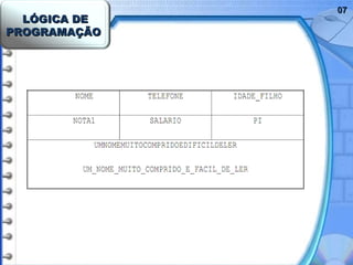 LÓGICA DELÓGICA DE
PROGRAMAÇÃOPROGRAMAÇÃO
0707
 