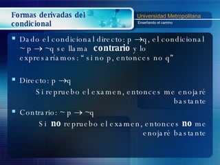 Formas derivadas del condicional Dado el condicional directo: p   q, el condicional  ~  p    ~q se llama  contrario  y lo expresaríamos: “ si no p, entonces no q” Directo:  p   q Si repruebo el examen, entonces me enojaré bastante Contrario: ~  p    ~q  Si  no  repruebo el examen, entonces  no  me enojaré bastante 