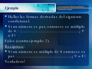 Ejemplo Hallar las formas derivadas del siguiente condicional: Si un número es par, entonces es múltiplo de 4.  ……………………………………. ¿V o F? Falso (contraejemplo: 2) Recíproco : Si un número es múltiplo de 4 entonces es par. …………………………………..¿V o F? Verdadero! 