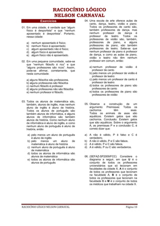RACIOCÍNIO LÓGICO
                          NELSON CARNAVAL
                Exercícios                     04. Uma escola de arte oferece aulas de
                                                   canto, dança, teatro, violão e piano.
01. Em uma cidade, é verdade que “algum            Todos os professores de canto são,
    físico é desportista” e que “nenhum            também professores de dança, mas
    aposentado é desportista”. Portanto,           nenhum professor de dança é
    nessa cidade:                                  professor de teatro. Todos os
                                                   professores de violão são, também,
    a)   nenhum aposentado é físico;               professores de piano, e alguns
    b)   nenhum físico é aposentado;               professores de piano, são também
    c)   algum aposentado não é físico;            professores de teatro. Sabe-se que
    d)   algum físico é aposentado;                nenhum professor de piano é professor
    e)   algum físico não é aposentado.            de dança, e como as aulas de piano,
                                                   violão e teatro não têm nenhum
02. Em uma pequena comunidade, sabe-se             professor em comum, então:
    que “nenhum filósofo é rico” e que
    “alguns professores são ricos”. Assim,        a) nenhum professor de violão é
    pode-se afirmar, corretamente, que              professor de canto
    nesta comunidade:                             b) pelo menos um professor de violão é
                                                    professor de teatro
    a) alguns filósofos são professores.          c) pelo menos um professor de canto é
    b) alguns professores são filósofos             professor de teatro
    c) nenhum filósofo é professor                d) todos os professores de piano são
    d) alguns professores não são filósofos         professores de canto
    e) nenhum professor é filósofo.               e) todos os professores de piano são
                                                    professores de violão

03. Todos os alunos de matemática são,
    também, alunos de inglês, mas nenhum       05. Observe     a    construção  de   um
    aluno de inglês é aluno de história.           argumento: Premissas: Todos os
    Todos os alunos de português são               cachorros           têm         asas.
    também alunos de informática, e alguns         Todos os animais de asas são
    alunos de informática são também               aquáticos. Existem gatos que são
    alunos de história. Como nenhum aluno          cachorros. Conclusão: Existem gatos
    de informática é aluno de inglês, e como       que são aquáticos. Sobre o argumento
    nenhum aluno de português é aluno de           A, as premissas P e a conclusão C, é
    história, então                                correto dizer que:

    a) pelo menos um aluno de português        a) A não é válido, P é falso e C é
       é aluno de inglês                          verdadeiro.
    b) pelo    menos     um    aluno   de      b) A não é válido, P e C são falsos.
       matemática é aluno de história          c) A é válido, P e C são falsos.
    c) nenhum aluno de português é aluno       d) A é válido, P ou C são verdadeiros.
       de matemática
    d) todos os alunos de informática são
       alunos de matemática                    06. (SEFAZ-SP2009/FCC) Considere o
    e) todos os alunos de informática são          diagrama a seguir, em que U é o
       alunos de português                         conjunto de todos os professores
                                                   universitários que só lecionam em
                                                   faculdades da cidade X, A é o conjunto
                                                   de todos os professores que lecionam
                                                   na faculdade A, B é o conjunto de
                                                   todos os professores que lecionam na
                                                   faculdade B e M é o conjunto de todos
                                                   os médicos que trabalham na cidade X.




RACIOCÍNIO LÓGICO NELSON CARNAVAL                                               Página 10
 