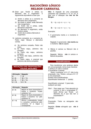 RACIOCÍNIO LÓGICO
                       NELSON CARNAVAL
09. Dizer que “André é artista ou           Obs: A negação de uma proposição
    Bernardo não é engenheiro” é            composta cujo conectivo é “e” ou “ou” é
    logicamente equivalente a dizer que:    feita com a utilizaçao das leis de De
                                            Morgan:
   a) André é artista se e somente se
      Bernardo não é engenheiro.
   b) Se André é artista, então Bernardo        1) ~ (p    q)  ~ p  ~ q
      não é engenheiro.
   c) Se André não é artista, então
      Bernardo é espanhol                       2) ~ (p    q)  ~ p  ~ q
   d) Se Bernardo é engenheiro, então
      André é artista                       Exemplos:
   e) André não é artista e Bernardo é
      engenheiro                            1. A governanta mentiu e o mordomo é
                                               culpado.
10. Jerônimo competirá, se, e somente se,
    Pedro viajar. Marque a alternativa
    correta.                                   Negação: A governanta não mentiu ou
                                               o mordomo não é culpado
  a)    Se Jerônimo competiu, Pedro não
       viajou.
  b)   Se Pedro viajou, Jerônimo não        2. Márcia é carioca ou Marconi não é
       competiu.                               paulista.
  c)   Se Pedro não viajou, Jerônimo
       competiu.                               Negação: Márcia         não é carioca e
  d)   Se Pedro não viajou, Jerônimo não       Marconi é paulista.
       competiu.
  e)   Se Pedro viajou, é possível que
       Jerônimo não tenha competido.                    Quantificadores
                                               Para transformar uma sentença aberta
 NEGAÇÃO DAS PROPOSIÇÕES                    em uma proposição, temos duas maneiras:
      USUAIS (RESUMO)                       1) Atribuir um valor à variável
                                            2) Quantificar a variável
                                                Assim, a sentença “x+5 = 9” não é uma
Afirmação   Negação                         proposição, mas, “Existe x, tal que x+5 = 9”
p           ~p                              é uma proposição.
pq         ~p  ~ q                        Existem dois quantificadores:
pq         ~p  ~ q                        Quantificador existencial:  (existe)
pq         p ~ q
                                            Quantificador universal:    (para todo,
                                            qualquer que seja)
Afirmação   Negação
                                            Obs1.: Para negar que “Todo elemento do
pq         Negue as duas proposições e            conjunto A tem a propriedade P”,
            troque o conectivo “e”pelo             basta afirmar que “Existe    um
            conectivo “ou”                         elemento de A que não tem a
pq         Negue as duas proposições e            propriedade P”.
            troque o conectivo “ou” pelo
            conectivo “e”                   Exemplo:
pq         Afirme o antecedente, troque
            o conectivo condicional pelo    Proposição: Todos os advogados são
            conectivo “e” e negue o         honestos.
            conseqüente.
                                            Negação: Existe advogado que           não é
                                            honesto.




RACIOCÍNIO LÓGICO NELSON CARNAVAL                                                Página 7
 