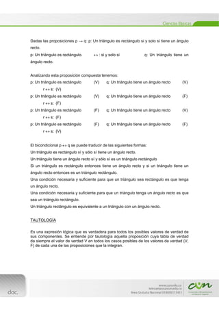  
[Escribir texto] 
 
Dadas las proposiciones p → q: p: Un triángulo es rectángulo si y solo si tiene un ángulo
recto.
p: Un triángulo es rectángulo.  : si y solo si q: Un triángulo tiene un
ángulo recto.
Analizando esta proposición compuesta tenemos:
p: Un triángulo es rectángulo (V) q: Un triángulo tiene un ángulo recto (V)
r  s: (V)
p: Un triángulo es rectángulo (V) q: Un triángulo tiene un ángulo recto (F)
r  s: (F)
p: Un triángulo es rectángulo (F) q: Un triángulo tiene un ángulo recto (V)
r  s: (F)
p: Un triángulo es rectángulo (F) q: Un triángulo tiene un ángulo recto (F)
r  s: (V)
El bicondicional p  q se puede traducir de las siguientes formas:
Un triángulo es rectángulo sí y sólo sí tiene un ángulo recto.
Un triángulo tiene un ángulo recto sí y sólo sí es un triángulo rectángulo
Si un triángulo es rectángulo entonces tiene un ángulo recto y si un triángulo tiene un
ángulo recto entonces es un triángulo rectángulo.
Una condición necesaria y suficiente para que un triángulo sea rectángulo es que tenga
un ángulo recto.
Una condición necesaria y suficiente para que un triángulo tenga un ángulo recto es que
sea un triángulo rectángulo.
Un triángulo rectángulo es equivalente a un triángulo con un ángulo recto.
TAUTOLOGÍA
Es una expresión lógica que es verdadera para todos los posibles valores de verdad de
sus componentes. Se entiende por tautología aquella proposición cuya tabla de verdad
da siempre el valor de verdad V en todos los casos posibles de los valores de verdad (V,
F) de cada una de las proposiciones que la integran.
 