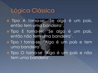 Tipo A torna-se: ‘Se algo é um país,
então tem uma bandeira’.
 Tipo E torna-se: ‘Se algo é um país,
então não tem uma bandeira’.
 Tipo I torna-se: ‘Algo é um país e tem
uma bandeira’.
 Tipo O torna-se ‘Algo é um país e não
tem uma bandeira’.
 