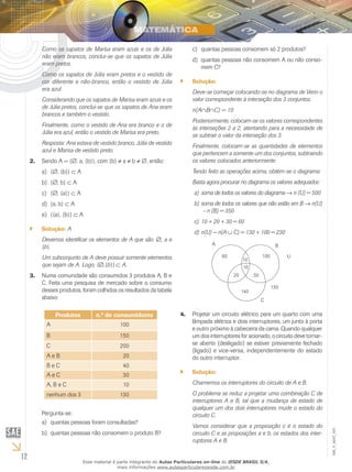 12
EM_V_MAT_003
Como os sapatos de Marisa eram azuis e os de Júlia
não eram brancos, conclui-se que os sapatos de Júlia
eram pretos.
Como os sapatos de Júlia eram pretos e o vestido de
cor diferente e não-branco, então o vestido de Júlia
era azul.
Considerando que os sapatos de Marisa eram azuis e os
de Júlia pretos, conclui-se que os sapatos de Ana eram
brancos e também o vestido.
Finalmente, como o vestido de Ana era branco e o de
Júlia era azul, então o vestido de Marisa era preto.
Resposta: Ana estava de vestido branco, Júlia de vestido
azul e Marisa de vestido preto.
Sendo A = {2.	 ∅, a, {b}}, com {b} ≠ a ≠ b ≠ ∅, então:
{a)	 ∅, {b}} ⊂ A
{b)	 ∅, b} ⊂ A
{c)	 ∅, {a}} ⊂ A
{a, b}d)	 ⊂ A
{{a}, {b}}e)	 ⊂ A
Solução:`` A
Devemos identificar os elementos de A que são: ∅, a e
{b}.
Um subconjunto de A deve possuir somente elementos
que sejam de A. Logo, {∅,{b}} ⊂ A.
Numa comunidade são consumidos 3 produtos A, B e3.	
C. Feita uma pesquisa de mercado sobre o consumo
desses produtos, foram colhidos os resultados da tabela
abaixo:
Produtos n.º de consumidores
A 100
B 150
C 200
A e B 20
B e C 40
A e C 30
A, B e C 10
nenhum dos 3 130
Pergunta-se:
quantas pessoas foram consultadas?a)	
quantas pessoas não consomem o produto B?b)	
quantas pessoas consomem só 2 produtos?c)	
quantas pessoas não consomem A ou não conso-d)	
mem C?
Solução:``
Deve-se começar colocando-se no diagrama de Venn o
valor correspondente à interseção dos 3 conjuntos.
n(A∩B∩C) = 10
Posteriormente, colocam-se os valores correspondentes
às interseções 2 a 2, atentando para a necessidade de
se subtrair o valor da interseção dos 3.
Finalmente, colocam-se as quantidades de elementos
que pertencem a somente um dos conjuntos, subtraindo
os valores colocados anteriormente.
Tendo feito as operações acima, obtém-se o diagrama:
Basta agora procurar no diagrama os valores adequados:
soma de todos os valores do diagramaa)	 → n (U) = 500
soma de todos os valores que não estão em Bb)	 → n(U)
– n (B) = 350
10 + 20 + 30 = 60c)	
n(U) − n(Ad)	 ∪ C) = 130 + 100 = 230
A B
U
C
20
10
10
30
10060
130
140
Projetar um circuito elétrico para um quarto com uma4.	
lâmpada elétrica e dois interruptores, um junto à porta
e outro próximo à cabeceira da cama. Quando qualquer
um dos interruptores for acionado, o circuito deve tornar-
se aberto (desligado) se estiver previamente fechado
(ligado) e vice-versa, independentemente do estado
do outro interruptor.
Solução:``
Chamemos os interruptores do circuito de A e B.
O problema se reduz a projetar uma combinação C de
interruptores A e B, tal que a mudança de estado de
qualquer um dos dois interruptores mude o estado do
circuito C.
Vamos considerar que a proposição c é o estado do
circuito C e as proposições a e b, os estados dos inter-
ruptores A e B.
Esse material é parte integrante do Aulas Particulares on-line do IESDE BRASIL S/A,
mais informações www.aulasparticularesiesde.com.br
 