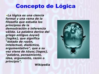 Concepto de LógicaLa lógica es una ciencia formal y una rama de la filosofía que estudia los principios de la demostración e inferencia válida. La palabra deriva del griego antiguo λογική (logike), que significa "dotado de razón, intelectual, dialéctico, argumentativo", que a su vez viene de λόγος (logos), "palabra, pensamiento, idea, argumento, razón o principio".Wikipedia
