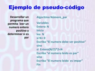 Lengua algorítmica o pseudo-códigoDescripción NarrativaHace uso del idioma, en este caso el nuestro, el paisa-castizo, con el objeto de describir los pasos principales de una soluciónVentajasEl castellano es bastante conocido por nosotrosDesventajas-Es impreciso-Es extenso (escribe mucho, dice poco)