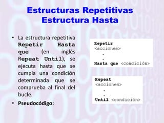 EstructurasSelectivasAlternativaDobleLa estructuraalternativadobleSi Entonces Sino (en inglésIf Then Else) permiteelegir entre dos opciones o alternativasposibles, en función del cumplimiento o no de determinadacondición.Pseudocódigo: