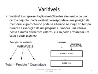 Variáveis
• Variável é a representação simbólica dos elementos de um
certo conjunto. Cada variável corresponde a uma posição de
memória, cujo conteúdo pode se alterado ao longo do tempo
durante a execução de um programa. Embora uma variável
possa assumir diferentes valores, ela só pode armazenar um
valor a cada instante
Exemplos de variáveis

Universidade Federal do Espírito Santo UFES - LABIC

25

 