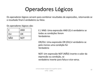 Operadores Lógicos
Os operadores lógicos servem para combinar resultados de expressões, retornando se
o resultado final é verdadeiro ou falso.

Os operadores lógicos são:
E

AND

OU

OR

NÃO

NOT

E / AND: Uma expressão AND (E) é verdadeira se
todas as condições forem
Verdadeiras
OR/OU: Uma expressão OR (OU) é verdadeira se
pelo menos uma condição for
Verdadeira

NOT: Um expressão NOT (NÃO) inverte o valor da
expressão ou condição, se
verdadeira inverte para falsa e vice-versa.

Universidade Federal do Espírito Santo UFES - LABIC

34

 