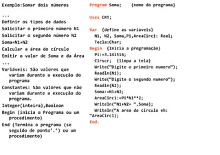Exemplo:Somar dois números         Program Soma;   {nome do programa}

...                                Uses CRT;
Definir os tipos de dados
Solicitar o primeiro número N1     Var {define as variaveis}
Solicitar o segundo número N2        N1, N2, Soma,Pi,AreaCirc1: Real;
Soma=N1+N2                           Tecla:Char;
Calcular a área do círculo         Begin {Inicia a programação}
Emitir o valor de Soma e da Área     Pi:=3.141516;
...                                  Clrscr; {limpa a tela}
                                     Write(“Digite o primeiro numero”);
Variáveis: São valores que
   variam durante a execução do      Readln(N1);
   programa                          Write(“Digite o segundo numero”);
Constantes: São valores que não      Readln(N2);
   variam durante a execução do      Soma:=N1+N2;
   programa.                         AreaCirc1:=Pi*N1**2;
Integer(inteira),Boolean             Writeln(“N1+N2= “,Soma);
Begin (inicia o Programa ou um       Writeln(“A area do circulo eh:
                                   “AreaCirc1);
   procedimento)
                                   End.
End (Termina o programa (se
   seguido de ponto’.’) ou um
   procedimento)
 