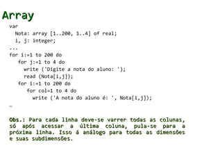 Array
 var
   Nota: array [1..200, 1..4] of real;
   i, j: integer;
 ...
 for i:=1 to 200 do
     for j:=1 to 4 do
       write ('Digite a nota do aluno: ');
       read (Nota[i,j]);
     for i:=1 to 200 do
        for col=1 to 4 do
          write ('A nota do aluno é: ', Nota[i,j]);
 …

 Obs.: Para cada linha deve-se varrer todas as colunas,
 só após acessar a última coluna, pula-se para a
 próxima linha. Isso á análogo para todas as dimensões
 e suas subdimensões.
 