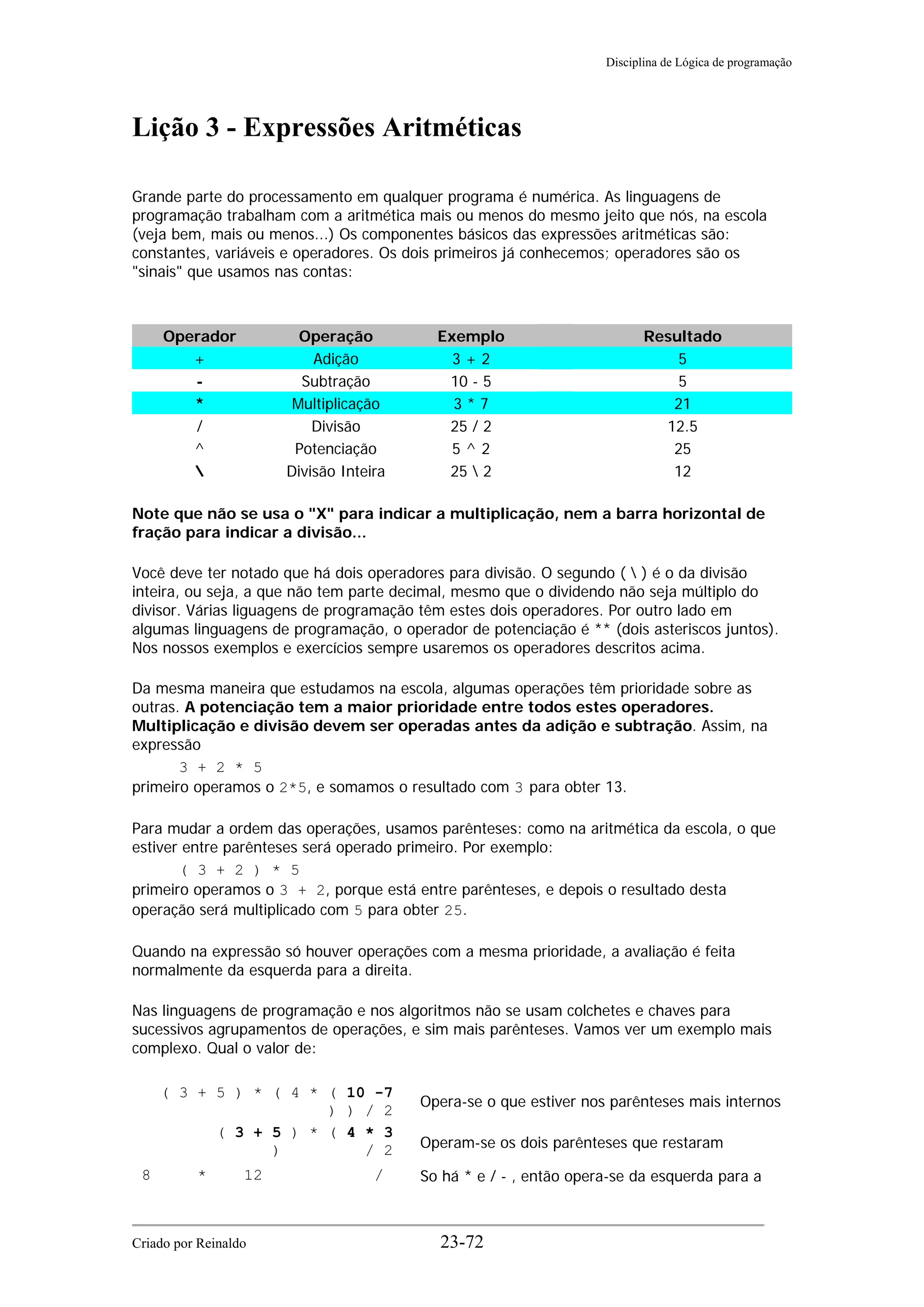 Disciplina de Lógica de programação
Lição 3 - Expressões Aritméticas
Grande parte do processamento em qualquer programa é numérica. As linguagens de
programação trabalham com a aritmética mais ou menos do mesmo jeito que nós, na escola
(veja bem, mais ou menos...) Os componentes básicos das expressões aritméticas são:
constantes, variáveis e operadores. Os dois primeiros já conhecemos; operadores são os
"sinais" que usamos nas contas:
Operador Operação Exemplo Resultado
+ Adição 3 + 2 5
- Subtração 10 - 5 5
* Multiplicação 3 * 7 21
/ Divisão 25 / 2 12.5
^ Potenciação 5 ^ 2 25
 Divisão Inteira 25  2 12
Note que não se usa o "X" para indicar a multiplicação, nem a barra horizontal de
fração para indicar a divisão...
Você deve ter notado que há dois operadores para divisão. O segundo (  ) é o da divisão
inteira, ou seja, a que não tem parte decimal, mesmo que o dividendo não seja múltiplo do
divisor. Várias liguagens de programação têm estes dois operadores. Por outro lado em
algumas linguagens de programação, o operador de potenciação é ** (dois asteriscos juntos).
Nos nossos exemplos e exercícios sempre usaremos os operadores descritos acima.
Da mesma maneira que estudamos na escola, algumas operações têm prioridade sobre as
outras. A potenciação tem a maior prioridade entre todos estes operadores.
Multiplicação e divisão devem ser operadas antes da adição e subtração. Assim, na
expressão
3 + 2 * 5
primeiro operamos o 2*5, e somamos o resultado com 3 para obter 13.
Para mudar a ordem das operações, usamos parênteses: como na aritmética da escola, o que
estiver entre parênteses será operado primeiro. Por exemplo:
( 3 + 2 ) * 5
primeiro operamos o 3 + 2, porque está entre parênteses, e depois o resultado desta
operação será multiplicado com 5 para obter 25.
Quando na expressão só houver operações com a mesma prioridade, a avaliação é feita
normalmente da esquerda para a direita.
Nas linguagens de programação e nos algoritmos não se usam colchetes e chaves para
sucessivos agrupamentos de operações, e sim mais parênteses. Vamos ver um exemplo mais
complexo. Qual o valor de:
( 3 + 5 ) * ( 4 * ( 10 -7
) ) / 2
Opera-se o que estiver nos parênteses mais internos
( 3 + 5 ) * ( 4 * 3
) / 2 Operam-se os dois parênteses que restaram
8 * 12 / So há * e / - , então opera-se da esquerda para a
Criado por Reinaldo 23-72
 