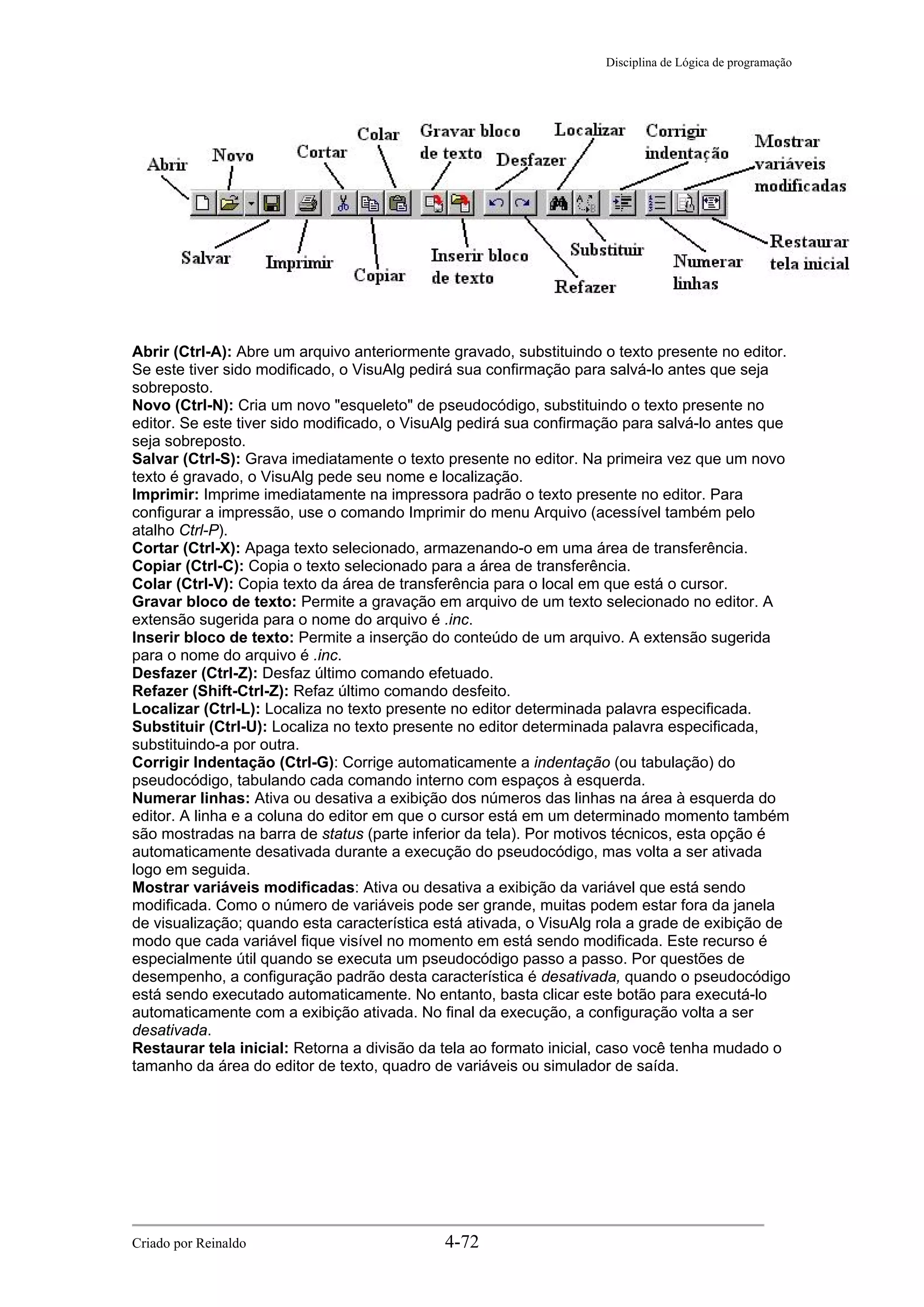 Disciplina de Lógica de programação
Abrir (Ctrl-A): Abre um arquivo anteriormente gravado, substituindo o texto presente no editor.
Se este tiver sido modificado, o VisuAlg pedirá sua confirmação para salvá-lo antes que seja
sobreposto.
Novo (Ctrl-N): Cria um novo "esqueleto" de pseudocódigo, substituindo o texto presente no
editor. Se este tiver sido modificado, o VisuAlg pedirá sua confirmação para salvá-lo antes que
seja sobreposto.
Salvar (Ctrl-S): Grava imediatamente o texto presente no editor. Na primeira vez que um novo
texto é gravado, o VisuAlg pede seu nome e localização.
Imprimir: Imprime imediatamente na impressora padrão o texto presente no editor. Para
configurar a impressão, use o comando Imprimir do menu Arquivo (acessível também pelo
atalho Ctrl-P).
Cortar (Ctrl-X): Apaga texto selecionado, armazenando-o em uma área de transferência.
Copiar (Ctrl-C): Copia o texto selecionado para a área de transferência.
Colar (Ctrl-V): Copia texto da área de transferência para o local em que está o cursor.
Gravar bloco de texto: Permite a gravação em arquivo de um texto selecionado no editor. A
extensão sugerida para o nome do arquivo é .inc.
Inserir bloco de texto: Permite a inserção do conteúdo de um arquivo. A extensão sugerida
para o nome do arquivo é .inc.
Desfazer (Ctrl-Z): Desfaz último comando efetuado.
Refazer (Shift-Ctrl-Z): Refaz último comando desfeito.
Localizar (Ctrl-L): Localiza no texto presente no editor determinada palavra especificada.
Substituir (Ctrl-U): Localiza no texto presente no editor determinada palavra especificada,
substituindo-a por outra.
Corrigir Indentação (Ctrl-G): Corrige automaticamente a indentação (ou tabulação) do
pseudocódigo, tabulando cada comando interno com espaços à esquerda.
Numerar linhas: Ativa ou desativa a exibição dos números das linhas na área à esquerda do
editor. A linha e a coluna do editor em que o cursor está em um determinado momento também
são mostradas na barra de status (parte inferior da tela). Por motivos técnicos, esta opção é
automaticamente desativada durante a execução do pseudocódigo, mas volta a ser ativada
logo em seguida.
Mostrar variáveis modificadas: Ativa ou desativa a exibição da variável que está sendo
modificada. Como o número de variáveis pode ser grande, muitas podem estar fora da janela
de visualização; quando esta característica está ativada, o VisuAlg rola a grade de exibição de
modo que cada variável fique visível no momento em está sendo modificada. Este recurso é
especialmente útil quando se executa um pseudocódigo passo a passo. Por questões de
desempenho, a configuração padrão desta característica é desativada, quando o pseudocódigo
está sendo executado automaticamente. No entanto, basta clicar este botão para executá-lo
automaticamente com a exibição ativada. No final da execução, a configuração volta a ser
desativada.
Restaurar tela inicial: Retorna a divisão da tela ao formato inicial, caso você tenha mudado o
tamanho da área do editor de texto, quadro de variáveis ou simulador de saída.
Criado por Reinaldo 4-72
 