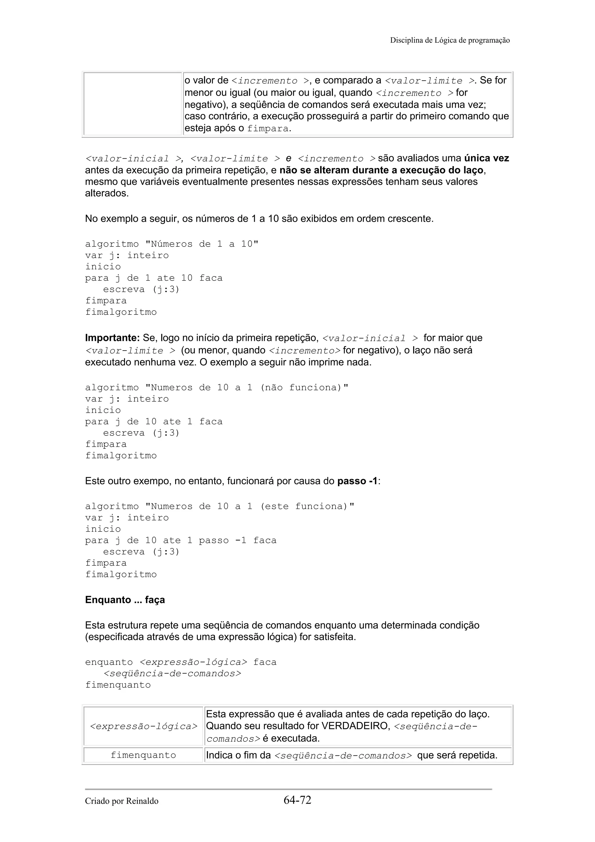 Disciplina de Lógica de programação
o valor de <incremento >, e comparado a <valor-limite >. Se for
menor ou igual (ou maior ou igual, quando <incremento > for
negativo), a seqüência de comandos será executada mais uma vez;
caso contrário, a execução prosseguirá a partir do primeiro comando que
esteja após o fimpara.
<valor-inicial >, <valor-limite > e <incremento > são avaliados uma única vez
antes da execução da primeira repetição, e não se alteram durante a execução do laço,
mesmo que variáveis eventualmente presentes nessas expressões tenham seus valores
alterados.
No exemplo a seguir, os números de 1 a 10 são exibidos em ordem crescente.
algoritmo "Números de 1 a 10"
var j: inteiro
inicio
para j de 1 ate 10 faca
escreva (j:3)
fimpara
fimalgoritmo
Importante: Se, logo no início da primeira repetição, <valor-inicial > for maior que
<valor-limite > (ou menor, quando <incremento> for negativo), o laço não será
executado nenhuma vez. O exemplo a seguir não imprime nada.
algoritmo "Numeros de 10 a 1 (não funciona)"
var j: inteiro
inicio
para j de 10 ate 1 faca
escreva (j:3)
fimpara
fimalgoritmo
Este outro exempo, no entanto, funcionará por causa do passo -1:
algoritmo "Numeros de 10 a 1 (este funciona)"
var j: inteiro
inicio
para j de 10 ate 1 passo -1 faca
escreva (j:3)
fimpara
fimalgoritmo
Enquanto ... faça
Esta estrutura repete uma seqüência de comandos enquanto uma determinada condição
(especificada através de uma expressão lógica) for satisfeita.
enquanto <expressão-lógica> faca
<seqüência-de-comandos>
fimenquanto
<expressão-lógica>
Esta expressão que é avaliada antes de cada repetição do laço.
Quando seu resultado for VERDADEIRO, <seqüência-de-
comandos> é executada.
fimenquanto Indica o fim da <seqüência-de-comandos> que será repetida.
Criado por Reinaldo 64-72
 