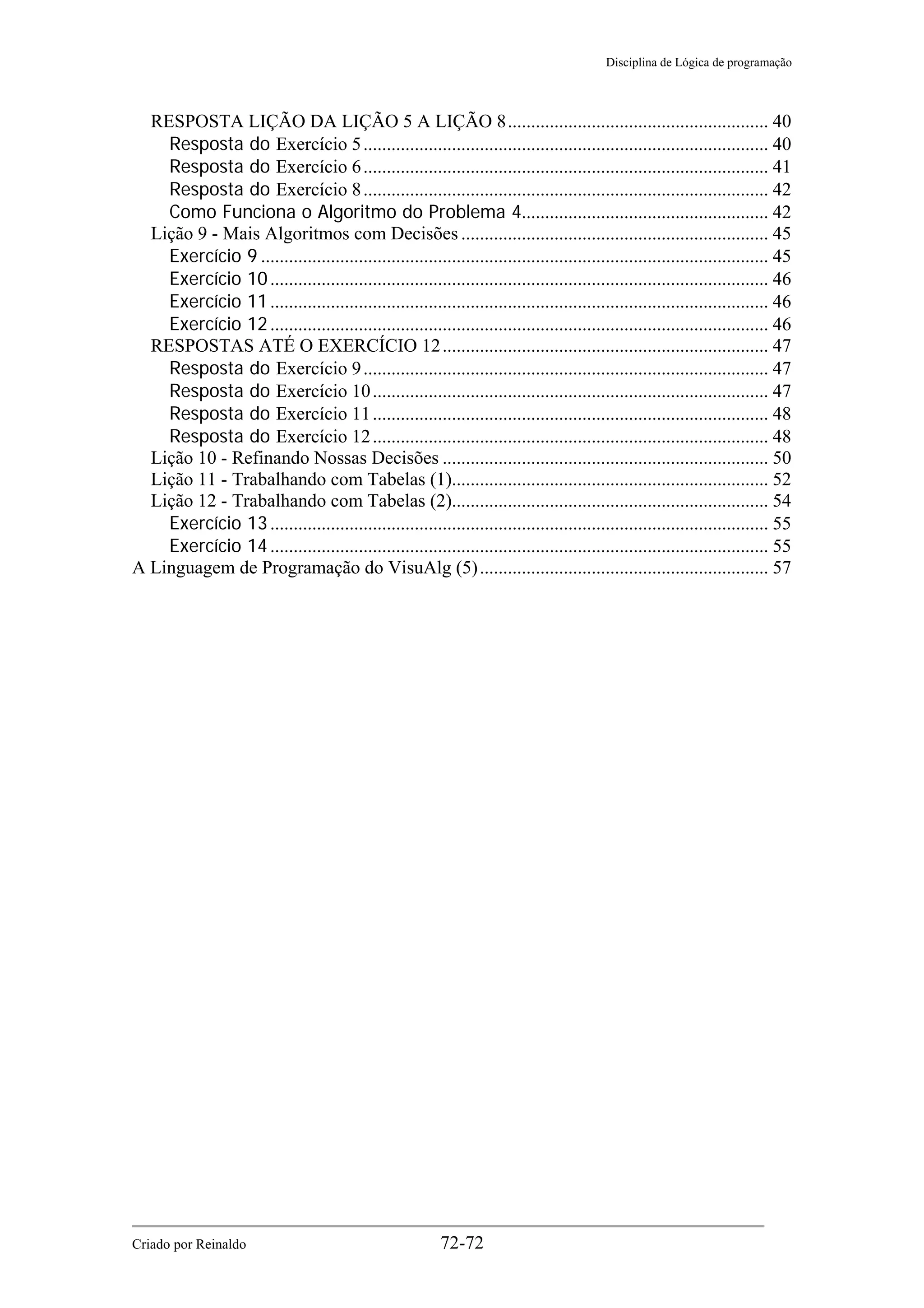 Disciplina de Lógica de programação
Criado por Reinaldo 72-72
RESPOSTA LIÇÃO DA LIÇÃO 5 A LIÇÃO 8........................................................ 40
Resposta do Exercício 5....................................................................................... 40
Resposta do Exercício 6....................................................................................... 41
Resposta do Exercício 8....................................................................................... 42
Como Funciona o Algoritmo do Problema 4..................................................... 42
Lição 9 - Mais Algoritmos com Decisões .................................................................. 45
Exercício 9 ............................................................................................................. 45
Exercício 10........................................................................................................... 46
Exercício 11........................................................................................................... 46
Exercício 12........................................................................................................... 46
RESPOSTAS ATÉ O EXERCÍCIO 12...................................................................... 47
Resposta do Exercício 9....................................................................................... 47
Resposta do Exercício 10..................................................................................... 47
Resposta do Exercício 11..................................................................................... 48
Resposta do Exercício 12..................................................................................... 48
Lição 10 - Refinando Nossas Decisões ...................................................................... 50
Lição 11 - Trabalhando com Tabelas (1).................................................................... 52
Lição 12 - Trabalhando com Tabelas (2).................................................................... 54
Exercício 13........................................................................................................... 55
Exercício 14........................................................................................................... 55
A Linguagem de Programação do VisuAlg (5).............................................................. 57
 