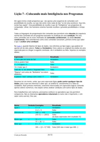 Disciplina de Lógica de programação
Lição 7 - Colocando mais Inteligência nos Programas
Até agora temos criado programas que são apenas uma sequência de comandos sem
possibilidade de escolha, ou seja não existe neles nada do tipo "se tal coisa acontecer, faça isto,
senão faça aquilo". Esta possibilidade de escolha é que dá "inteligência" aos programas de
computador; afinal, nós humanos estamos fazendo escolhas e pesando possibilidades o tempo
todo...
Todas as linguagens de programação têm comandos que permitem estes desvios da sequência
normal dos comandos de um programa baseados na avaliação de uma condição. Por isso,
estes comandos sào às vezes chamados de comandos condicionais, ou ainda desvios
condicionais. Para entendermos como estes comandos funcionam, primeiro temos que saber
o que é avaliar uma condição.
Na Lição 1, quando falamos de tipos de dados, nos referimos ao tipo Lógico, que poderia ter
apenas um de dois valores: Falso ou Verdadeiro. Estes valores se originam da análise de uma
expressão para se chegar à seguinte conclusão: ela é verdadeira ou falsa. Vejamos os exemplos
abaixo:
Expressão Resultado
A Terra gira em torno do Sol Verdadeiro
Zebras podem falar Falso
2 + 2 é igual a 5 Falso
14 é maior que 3 Verdadeiro
Todo dia 1o. de Janeiro é Segunda-Feira Falso
"Raposa" vem antes de "Borboleta" na ordem
alfabética
Falso
A palavra "José" começa com a letra "J" Verdadeiro
Devemos ter em mente, então, que uma expressão lógica pode conter qualquer tipo de
dados, pois o que nos interessa é saber que, ao analisá-la, concluiremos se é falsa ou
verdadeira. Num primeiro momento, estaremos interessados em expressões lógicas contendo
apenas valores numéricos, mas depois vamos analisar condições com outros tipos de dados.
Para trabalharmos com números, precisamos conhecer os operadores que nos permitem
compará-los. Nós os chamamos operadores relacionais (o nome não é importante, e sim
saber como usá-los). Eles são:
Nome Símbolo Exemplos Resultado
Igual a = 3 = 3 Verdadeiro
2+2 = 5 Falso
Diferente de <> 140 <> 410 Verdadeiro
(10+5) <> (30/2) Falso
(as duas expressões têm resultado 15)
Menor que < 13 < 7 Falso
77 < 20 * 2 Falso
Maior que > 0 > -1 Verdadeiro
345 > ((3 +1)*100) Falso (345 não é maior que 400...)
Criado por Reinaldo 35-72
 