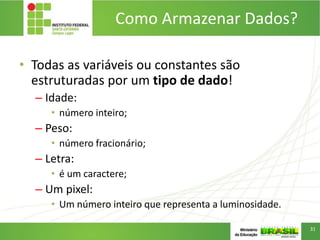Como Armazenar Dados?
• Todas as variáveis ou constantes são
estruturadas por um tipo de dado!
– Idade:
• número inteiro;
– Peso:
• número fracionário;
– Letra:
• é um caractere;
– Um pixel:
• Um número inteiro que representa a luminosidade.
31
 