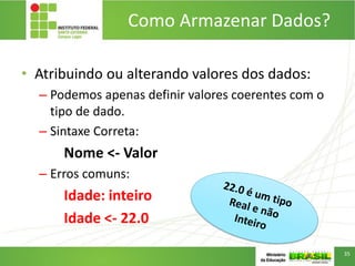 Como Armazenar Dados?
• Atribuindo ou alterando valores dos dados:
– Podemos apenas definir valores coerentes com o
tipo de dado.
– Sintaxe Correta:
Nome <- Valor
– Erros comuns:
Idade: inteiro
Idade <- 22.0
35
 