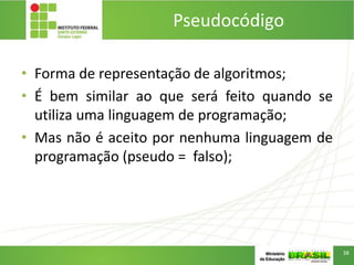 Pseudocódigo
• Forma de representação de algoritmos;
• É bem similar ao que será feito quando se
utiliza uma linguagem de programação;
• Mas não é aceito por nenhuma linguagem de
programação (pseudo = falso);
38
 
