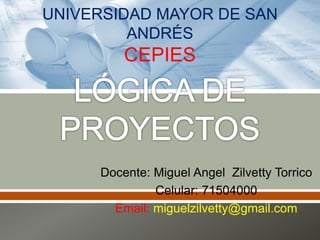 Docente: Miguel Angel Zilvetty Torrico
Celular: 71504000
Email: miguelzilvetty@gmail.com
UNIVERSIDAD MAYOR DE SAN
ANDRÉS
CEPIES
 