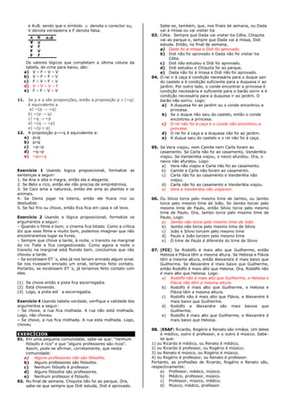 e A∪B. sendo que o símbolo ∪ denota o conector ou,
V denota verdadeira e F denota falsa.
Os valores lógicos que completam a última coluna da
tabela, de cima para baixo, são:
a) V – F – V – V
b) V – F – F – V
c) F – V – F – V
d) V – V – V – F
e) F – F – V – V
11. Se p e q são proposições, então a proposição p ∧ (~q)
é equivalente a
a) ~(p → ~q)
b) ~(p → q)
c) ~q → ~p
d) ~(q → ~p)
e) ~(p ∨ q)
12. A proposição p→~q é equivalente a:
a) p∪q
b) p∩q
c) ~p→p
d) ~q→p
e) ~p∪~q
Exercício 1 Usando logica proposicional, formalize as
sentenças a seguir:
1. Se Ana e alta e magra, então ela e elegante.
2. Se Beto e rico, então ele não precisa de empréstimos.
3. Se Caio ama a natureza, então ele ama as plantas e os
animais.
4. Se Denis jogar na loteria, então ele ficara rico ou
desiludido.
5. Se faz frio ou chove, então Eva fica em casa e vê teve.
Exercício 2 Usando a lógica proposicional, formalize os
argumentos a seguir:
– Quando o filme e bom, o cinema fica lotado. Como a crítica
diz que esse filme e muito bom, podemos imaginar que não
encontraremos lugar es livres.
– Sempre que chove a tarde, à noite, o transito na marginal
do rio Tiete e fica congestionado. Como agora a noite o
transito na marginal está fluindo bem, concluímos que não
choveu a tarde.
– Se existissem ET´s, eles já nos teriam enviado algum sinal.
Se nos tivessem enviado um sinal, teríamos feito contato.
Portanto, se existissem ET´s, já teríamos feito contato com
eles.
(1) Se chove então a pista fica escorregadia.
(2) Está chovendo.
(3) Logo, a pista est´ a escorregadia.
Exercício 4 Usando tabela-verdade, verifique a validade dos
argumentos a seguir:
– Se chove, a rua fica molhada. A rua não está molhada.
Logo, não choveu.
– Se chove, a rua fica molhada. A rua esta molhada. Logo,
choveu
EXERCÍCIOS
01. Em uma pequena comunidade, sabe-se que: “nenhum
filósofo é rico” e que “alguns professores são ricos”.
Assim, pode-se afirmar, corretamente, que nesta
comunidade:
a) Alguns professores não são filósofos.
b) Alguns professores são filósofos.
c) Nenhum filósofo é professor.
d) Alguns filósofos são professores.
e) Nenhum professor é filósofo.
02. No final de semana, Chiquita não foi ao parque. Ora,
sabe-se que sempre que Didi estuda, Didi é aprovado.
Sabe-se, também, que, nos finais de semana, ou Dada
vai à missa ou vai visitar tia
03. Célia. Sempre que Dada vai visitar tia Célia, Chiquita
vai ao parque e, sempre que Dada vai à missa, Didi
estuda. Então, no final de semana,
a) Dada foi à missa e Didi foi aprovado.
b) Didi não foi aprovado e Dada não foi visitar tia
Célia.
c) Didi não estudou e Didi foi aprovado.
d) Didi estudou e Chiquita foi ao parque.
e) Dada não foi à missa e Didi não foi aprovado.
04. O rei ir à caça é condição necessária para o duque sair
do castelo e é condição suficiente para a duquesa ir ao
jardim. Por outro lado, o conde encontrar a princesa é
condição necessária e suficiente para o barão sorrir e é
condição necessária para a duquesa ir ao jardim. O
barão não sorriu. Logo:
a) A duquesa foi ao jardim ou o conde encontrou a
princesa.
b) Se o duque não saiu do castelo, então o conde
encontrou a princesa.
c) O rei não foi à caça e o conde não encontrou a
princesa.
d) O rei foi à caça e a duquesa não foi ao jardim.
e) A duque saiu do castelo e o rei não foi à caça.
05. Se Vera viajou, nem Camile nem Carla foram ao
casamento. Se Carla não foi ao casamento, Vanderléia
viajou. Se Vanderléia viajou, o navio afundou. Ora, o
navio não afundou. Logo:
a) Vera não viajou e Carla não foi ao casamento.
b) Camile e Carla não foram ao casamento.
c) Carla não foi ao casamento e Vanderléia não
viajou.
d) Carla não foi ao casamento e Vanderléia viajou.
e) Vera e Vanderléia não viajaram.
06. Ou Silvio torce pelo mesmo time de Jambo, ou Jambo
torce pelo mesmo time de João. Se Jambo torcer pelo
mesmo time de Paulo, então Silvio torce pelo mesmo
time de Paulo. Ora, Jambo torce pelo mesmo time de
Paulo, Logo:
a) Jambo não torce pelo mesmo time de João
b) Jambo não torce pelo mesmo time de Silvio
c) João e Silvio torcem pelo mesmo time
d) Paulo e João torcem pelo mesmo time
e) O time de Paulo é diferente do time de Silvio
07. (FCC) Se Rodolfo é mais alto que Guilherme, então
Heloisa e Flávia têm a mesma altura. Se Heloisa e Flávia
têm a mesma altura, então Alexandre é mais baixo que
Guilherme. Se Alexandre é mais baixo que Guilherme,
então Rodolfo é mais alto que Heloisa. Ora, Rodolfo não
é mais alto que Heloisa. Logo:
a) Rodolfo não é mais alto que Guilherme, e Heloisa e
Flávia não têm a mesma altura.
b) Rodolfo é mais alto que Guilherme, e Heloisa e
Flávia têm a mesma altura.
c) Rodolfo não é mais alto que Flávia, e Alexandre é
mais baixo que Guilherme.
d) Rodolfo e Alexandre são mais baixos que
Guilherme.
e) Rodolfo é mais alto que Guilherme, e Alexandre é
mais baixo que Heloísa.
08. (ESAF) Ricardo, Rogério e Renato são irmãos. Um deles
é médico, outro é professor, e o outro é músico. Sabe-
se que:
1) ou Ricardo é médico, ou Renato é médico,
2) ou Ricardo é professor, ou Rogério é músico;
3) ou Renato é músico, ou Rogério é músico,
4) ou Rogério é professor, ou Renato é professor.
Portanto, as profissões de Ricardo, Rogério e Renato são,
respectivamente:
a) Professor, médico, músico.
b) Médico, professor, músico.
c) Professor, músico, médico.
d) Músico, médico, professor.
 