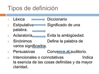 Tipos de definición
1.   Léxica               Diccionario
2.   Estipulativa         Significado de una
     palabra.
3.   Aclaratoria          Evita la ambigüedad.
4.   Sinónimos            Define la palabra de
     varios significados.
5.   Persuasivas          Convence al auditorio.
6.   Intencionales o connotativas             Indica
     la esencia de las cosas definidas y da mayor
     claridad.
 