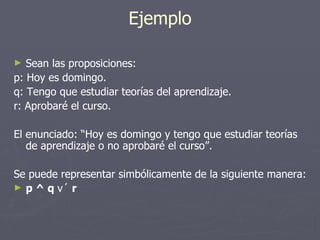 Ejemplo Sean las proposiciones: p: Hoy es domingo. q: Tengo que estudiar teorías del aprendizaje. r: Aprobaré el curso. El enunciado: “Hoy es domingo y tengo que estudiar teorías de aprendizaje o no aprobaré el curso”.  Se puede representar simbólicamente de la siguiente manera: p  ^  q  v´  r 