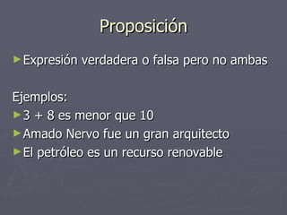 Proposición Expresión verdadera o falsa pero no ambas Ejemplos: 3 + 8 es menor que 10 Amado Nervo fue un gran arquitecto El petróleo es un recurso renovable 
