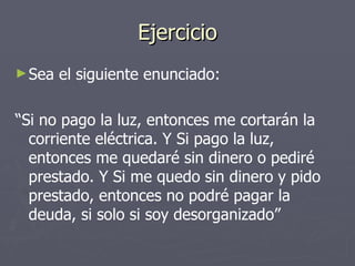 Ejercicio Sea el siguiente enunciado: “ Si no pago la luz, entonces me cortarán la corriente eléctrica. Y Si pago la luz, entonces me quedaré sin dinero o pediré prestado. Y Si me quedo sin dinero y pido prestado, entonces no podré pagar la deuda, si solo si soy desorganizado” 