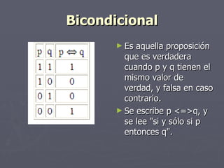 Bicondicional Es aquella proposición que es verdadera cuando p y q tienen el mismo valor de verdad, y falsa en caso contrario.  Se escribe p <=>q, y se lee "si y sólo si p entonces q".  