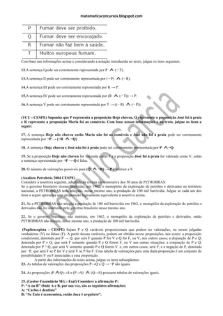 matematicaconcursos.blogspot.com




Com base nas informações acima e considerando a notação introduzida no texto, julgue os itens seguintes.

12.A sentença I pode ser corretamente representada por P        (¬ T).

13.A sentença II pode ser corretamente representada por (¬ P)       (¬ R).

14.A sentença III pode ser corretamente representada por R → P.

15.A sentença IV pode ser corretamente representada por (R         (¬ T)) → P.

16.A sentença V pode ser corretamente representada por T → ((¬ R)            (¬ P)).


(TCU - CESPE) Suponha que P representa a proposição Hoje choveu, Q represente a proposição José foi à praia
e R represente a proposição Maria foi ao comércio. Com base nessas informações e no texto, julgue os itens a
seguir:

17. A sentença Hoje não choveu então Maria não foi ao comércio e José não foi à praia pode ser corretamente
representada por ¬P → (¬R    ¬Q)

18. A sentença Hoje choveu e José não foi à praia pode ser corretamente representada por P      ¬Q

19. Se a proposição Hoje não choveu for valorada como F e a proposição José foi à praia for valorada como V, então
a sentença representada por ¬P → Q é falsa.

20. O número de valorações possíveis para (Q       ¬R) → P é inferior a 9.

(Analista Petrobrás 2004 CESPE)
Considere a assertiva seguinte, adaptada da revista comemorativa dos 50 anos da PETROBRAS:
Se o governo brasileiro tivesse instituído, em 1962, o monopólio da exploração de petróleo e derivados no território
nacional, a PETROBRAS teria atingido, nesse mesmo ano, a produção de 100 mil barris/dia. Julgue se cada um dos
itens a seguir apresenta uma proposição logicamente equivalente à assertiva acima.

21. Se a PETROBRAS não atingiu a produção de 100 mil barris/dia em 1962, o monopólio da exploração de petróleo e
derivados não foi instituído pelo governo brasileiro nesse mesmo ano.

22. Se o governo brasileiro não instituiu, em 1962, o monopólio da exploração de petróleo e derivados, então
PETROBRAS não atingiu, nesse mesmo ano, a produção de 100 mil barris/dia.

 (Papiloscopista - CESPE) Sejam P e Q variáveis proposicionais que podem ter valorações, ou serem julgadas
verdadeiras (V) ou falsas (F). A partir dessas variáveis, podem ser obtidas novas proposições, tais como: a proposição
condicional, denotada por P → Q, que será F quando P for V e Q for F, ou V, nos outros casos; a disjunção de P e Q,
denotada por P v Q, que será F somente quando P e Q forem F, ou V nas outras situações; a conjunção de P e Q,
denotada por P ^ Q, que será V somente quando P e Q forem V, e, em outros casos, será F; e a negação de P, denotada
por ¬P, que será F se P for V e será V se P for F. Uma tabela de valorações para uma dada proposição é um conjunto de
possibilidades V ou F associadas a essa proposição.
         A partir das informações do texto acima, julgue os itens subseqüentes.
23. As tabelas de valorações das proposições P→Q e Q → ¬P são iguais.

24. As proposições (P    Q)→S e (P→S)          (Q→S) possuem tabelas de valorações iguais.

25. (Gestor Fazendário MG - Esaf) Considere a afirmação P:
P: “A ou B” Onde A e B, por sua vez, são as seguintes afirmações:
A: “Carlos é dentista”
B: “Se Enio é economista, então Juca é arquiteto”.
 