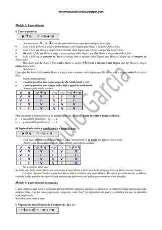 matematicaconcursos.blogspot.com



Módulo 3: Equivalências

i) Contra-positiva:



       Os conectivos      , ,      e ↔ são comutativos,ou seja, por exemplo, dizer que:
      João é feliz e Maria é alegre tem o mesmo valor lógico que Maria é alegre e João é feliz.
      João é feliz ou Maria é alegre tem o mesmo valor lógico que Maria é alegre ou João é feliz.
      Ou João é feliz ou Maria é alegre tem o mesmo valor lógico que Ou Maria é alegre ou João é feliz.
      João é feliz se, e somente se, Maria é alegre tem o mesmo valor lógico que Maria é alegre se, e somente se,
João é feliz.
       Mas dizer que Se João é feliz então Maria é alegre NÃO tem o mesmo valor lógico que Se Maria é alegre
então João é feliz.
       O correto é:
Dizer que Se João é feliz então Maria é alegre tem o mesmo valor lógico que Se Maria não é alegre então João não é
feliz.
       Então, muita atenção:
      A contra-positiva não é uma negação da condicional, e sim:
      A contra-positiva tem sempre valor lógico igual à condicional.
       Observe pela tabela verdade:




Para encontrar a contra-positiva de uma proposição composta basta inverter e negar as frases.
p → q sua contra-positiva é ~ q → ~ p
x → ~ y sua contra-positiva é y → ~ x

ii) Equivalência entre a condicional e o conectivo ou:



      Uma equivalência muito importante é a que “transforma” o se então em ou (ou vice-versa):
      Observe que essas sentenças são equivalentes pela tabela-verdade:




      Por exemplo, dizer que:
Se João joga bola então Maria vai ao cinema é equivalente a dizer que João não joga bola ou Maria vai ao cinema.
      Atenção: Apenas “lendo” essas duas frases não é evidente essa equivalência. Mas ela é provada através da tabela-
verdade, então acredite na equivalência mesmo que,para isso,você tenha que contrariar a sua intuição.

Módulo 3: Equivalências na negação

O que veremos aqui seria o suficiente para acertarmos algumas questões de concurso. Já sabemos negar uma proposição
simples. Mas, e se for uma proposição composta, como fica? Aí, dependerá de qual é a estrutura em que se encontra
essa proposição.
Veremos, pois, uma a uma:

i) Negação de uma Proposição Conjuntiva: ~(p e q)
 