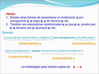Notas :   1.  Existen otras formas de presentarse el condicional:  p   por consiguiente   q ;  p   luego   q ;  p   de manera   q ; etc. 2.  También son expresiones condicionales  q   ya que   p ;  q   puesto que   p ;  q  siempre que   p ;  q   porque   p ; etc. La suma de las cifras de 426 es múltiplo de 3  por consiguiente  es divisible entre 3 Ejemplo (antecedente) p (consecuente) q 426 es divisible entre 3  porque  la suma de sus cifras es múltiplo de 3 (antecedente) p (consecuente) q La simbología para ambos casos es:   p ->   q 