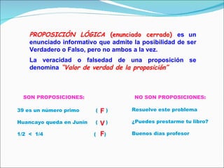 PROPOSICIÓN LÓGICA  (enunciado cerrado)  es un enunciado informativo que admite la posibilidad de ser Verdadero o Falso, pero no ambos a la vez. La veracidad o falsedad de una proposición se denomina   “Valor de verdad de la proposición” 39 es un número primo  (  ) Huancayo queda en Junín  (  ) 1/2  <  1/4  (  ) SON PROPOSICIONES: Resuelve este problema ¿Puedes prestarme tu libro? Buenos días profesor NO SON PROPOSICIONES: F V F 